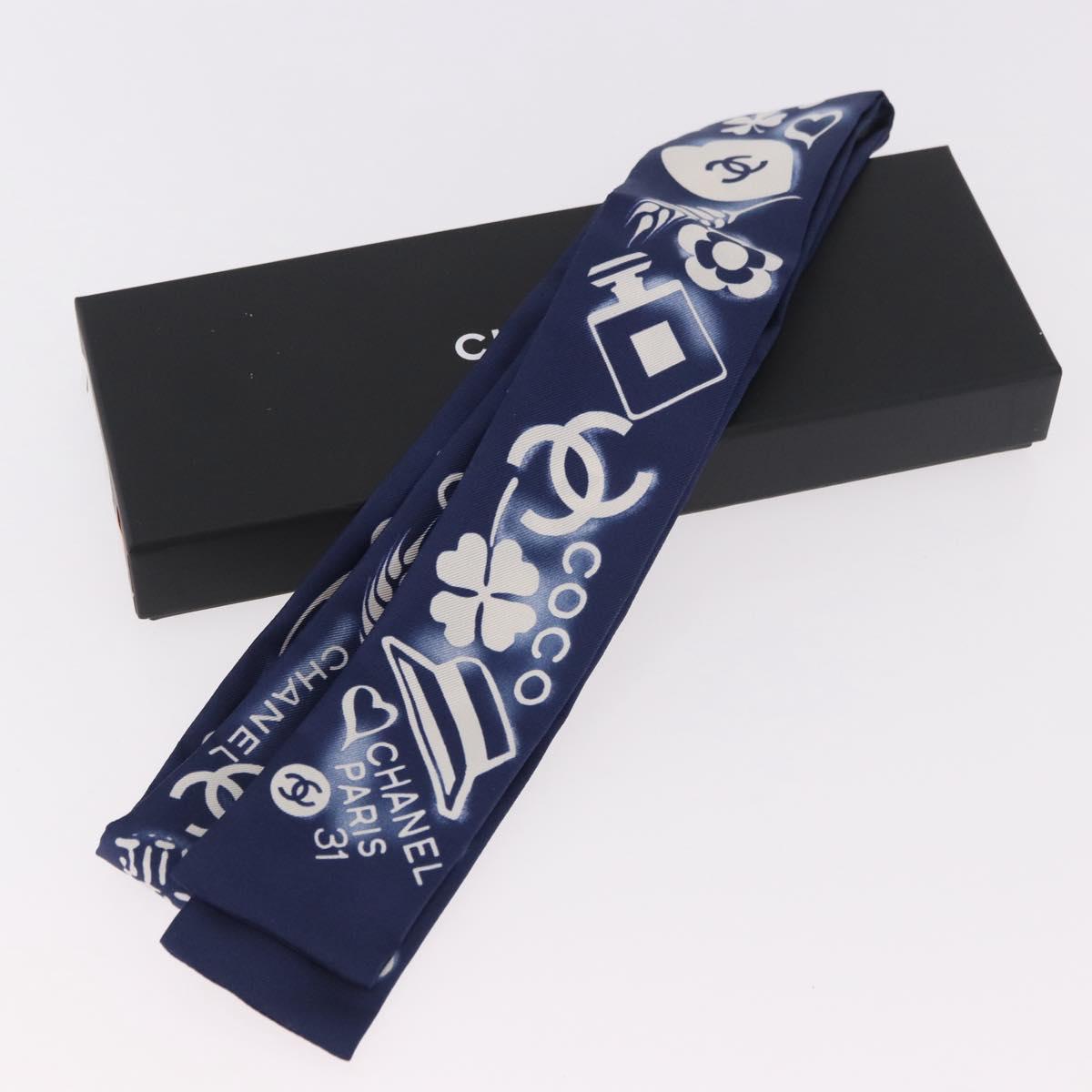 CHANEL Ribbon Scarf Silk Navy CC Auth 183940M