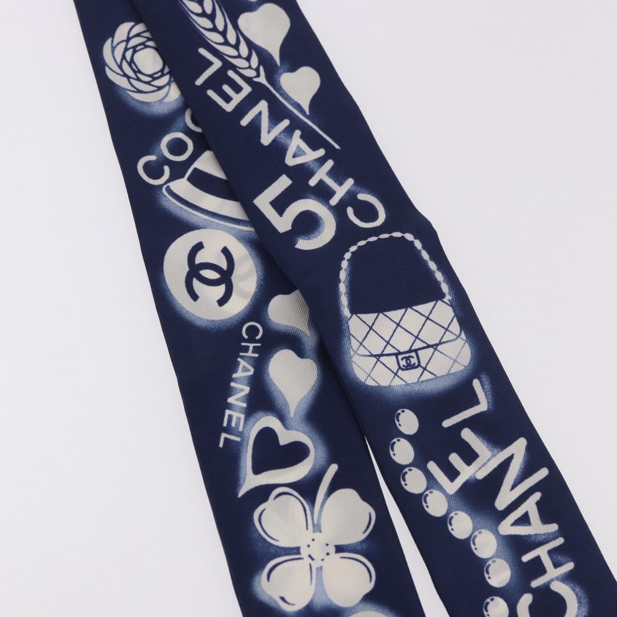 CHANEL Ribbon Scarf Silk Navy CC Auth 183940M