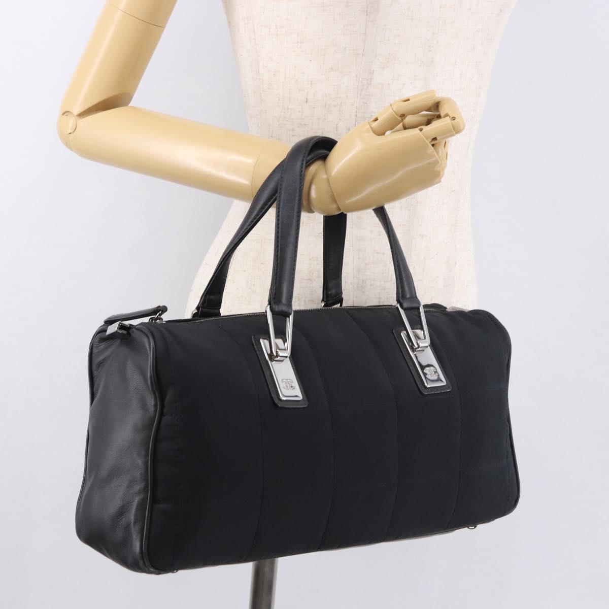CHANEL Choco Bar Hand Bag Nylon Black Silver CC Auth 183944SAM
