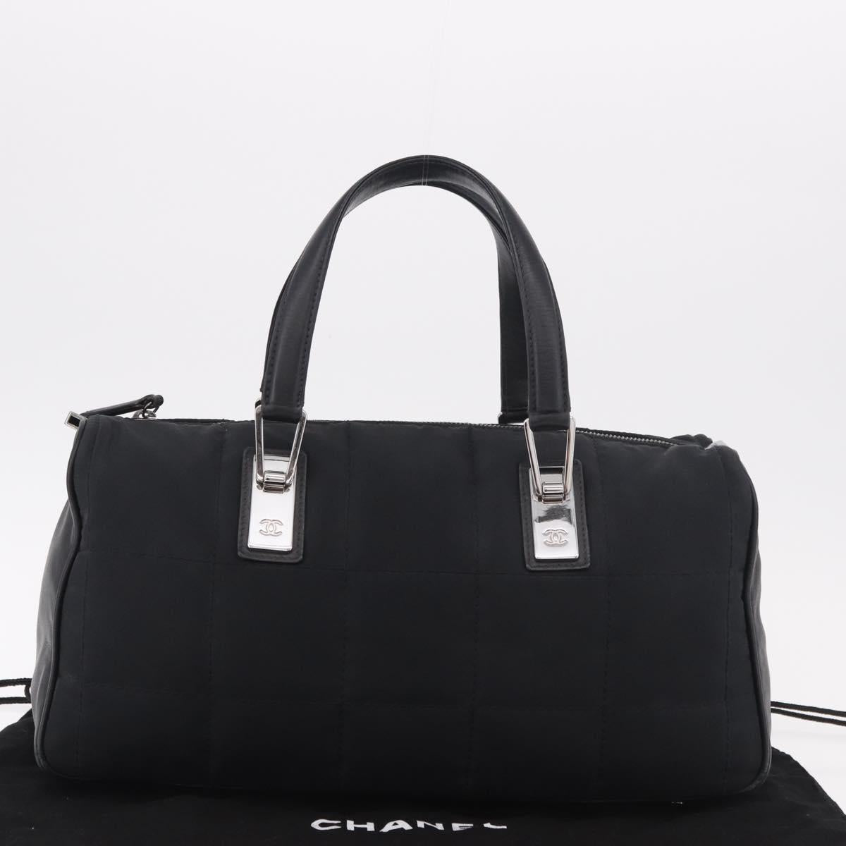 CHANEL Choco Bar Hand Bag Nylon Black Silver CC Auth 183944SAM