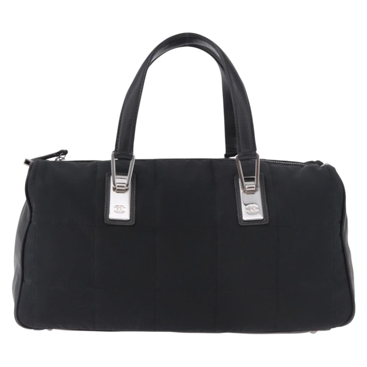 CHANEL Choco Bar Hand Bag Nylon Black Silver CC Auth 183944SAM