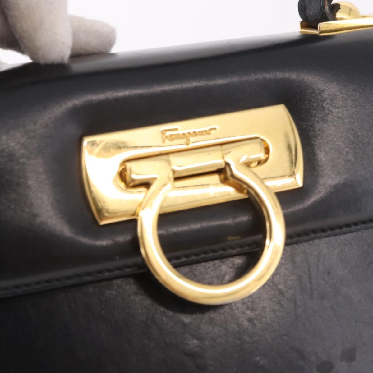 Salvatore Ferragamo Gancini Hand Bag Leather Black Gold Auth 183947