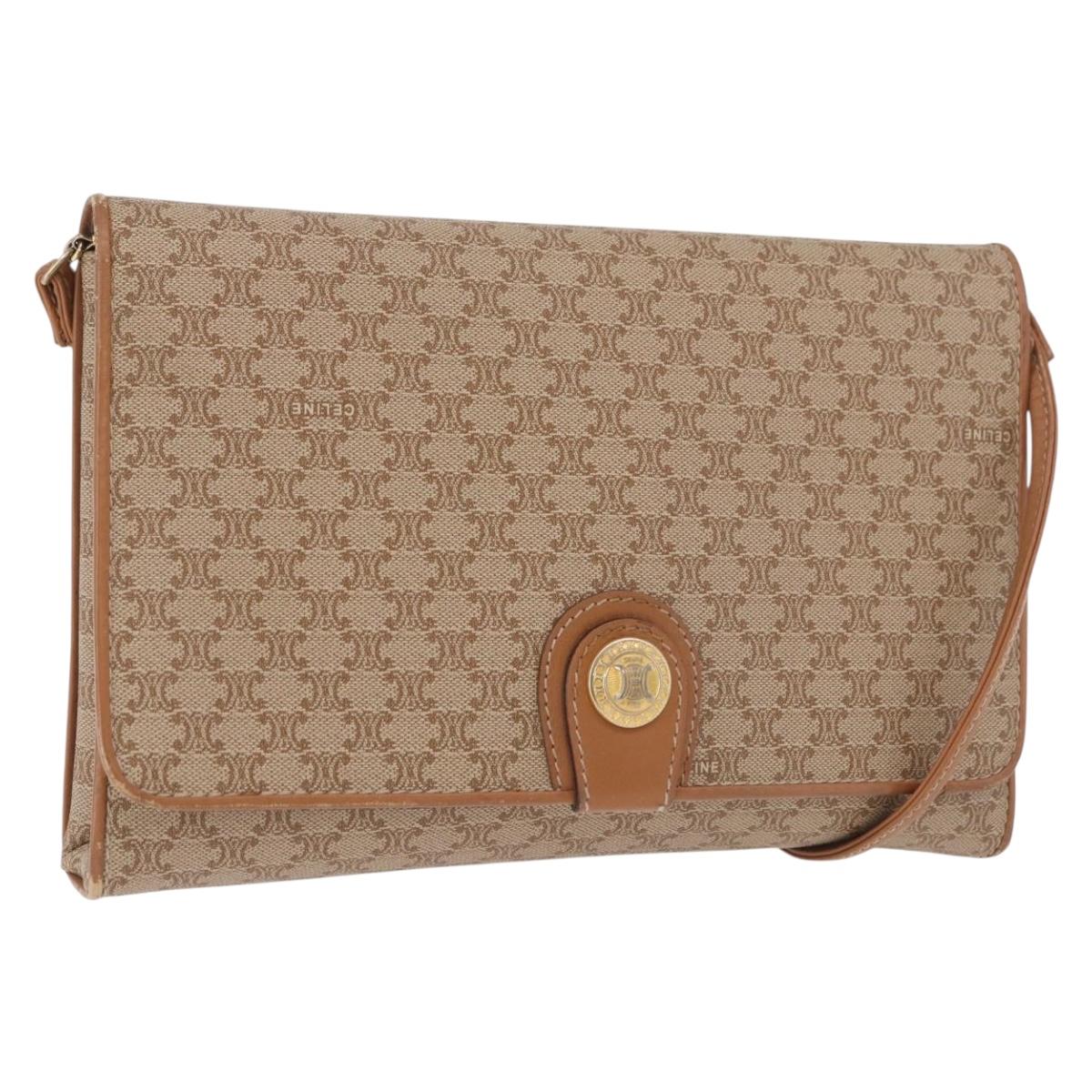 CELINE Macadam Canvas Shoulder Bag PVC Beige Gold Auth 183951