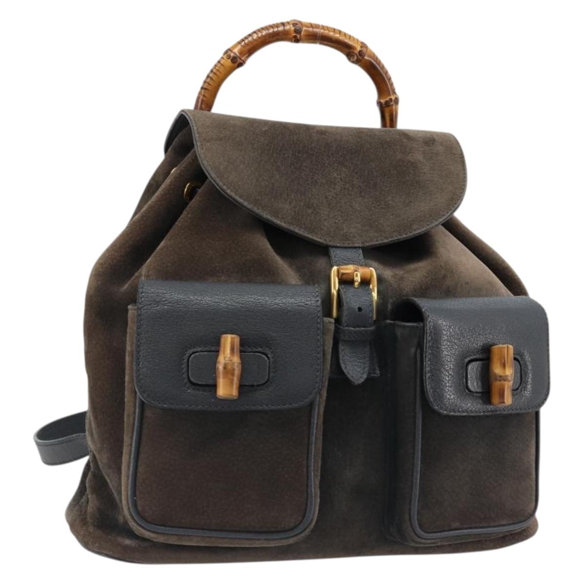 GUCCI Bamboo Backpack Suede Navy Gold 003 2058 0016 Auth 183957
