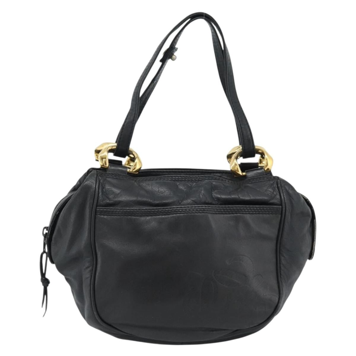 LOEWE Anagram Hand Bag Leather Black Gold Auth 183979