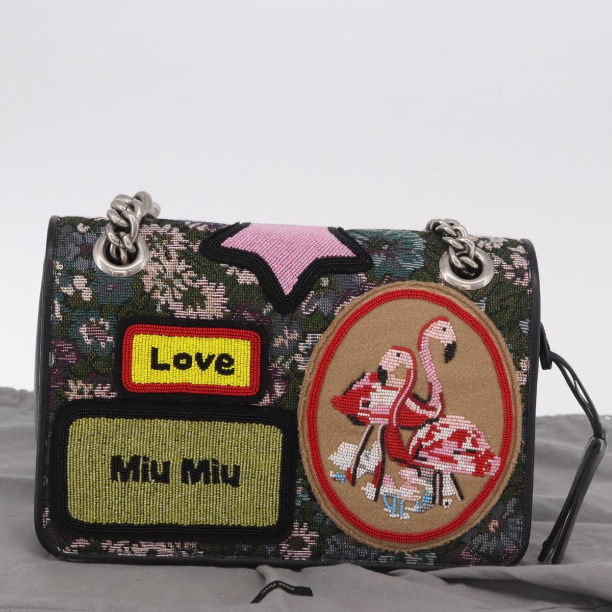 Miu Miu Chain Shoulder Bag Canvas Green Silver Auth 183990M