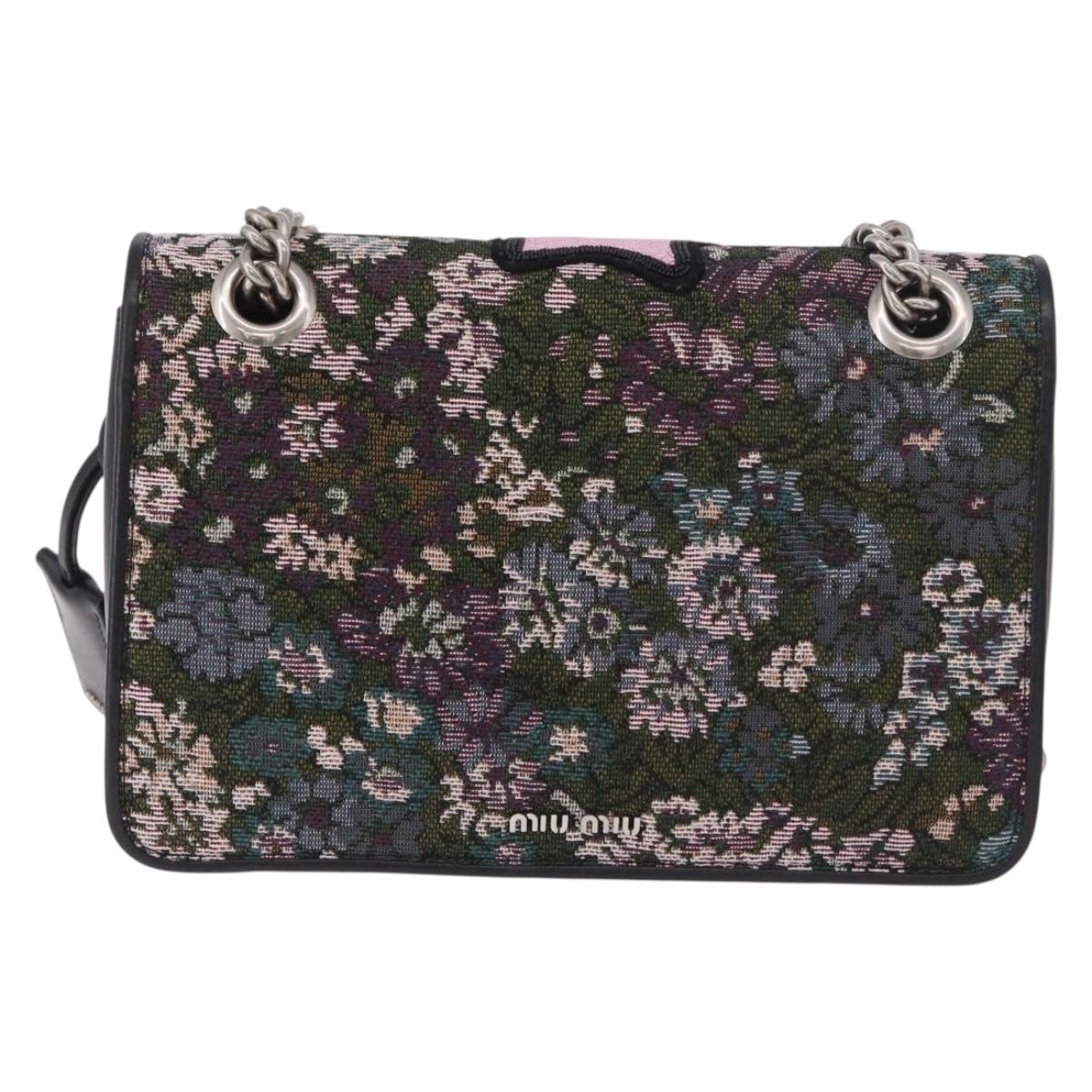 Miu Miu Chain Shoulder Bag Canvas Green Silver Auth 183990M