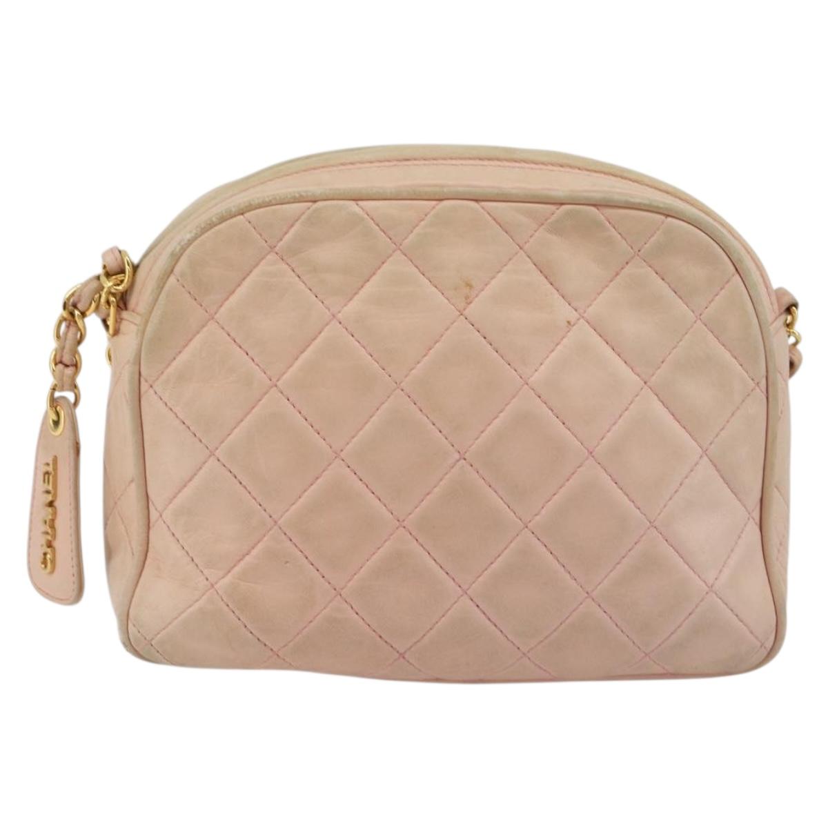 CHANEL Chain Shoulder Bag Lamb Skin Beige Gold CC Auth 184126