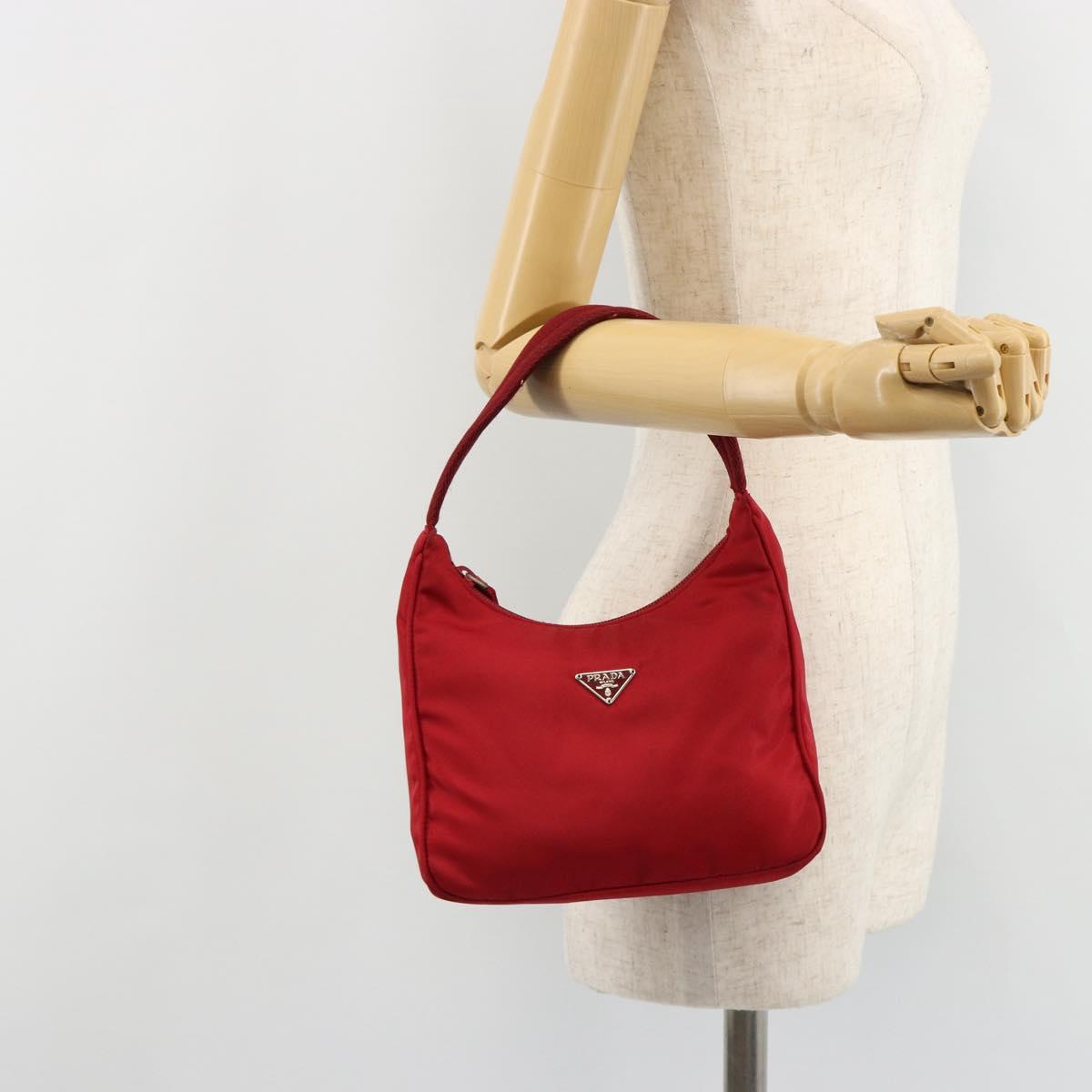 PRADA Hand Pouch Nylon Red Silver Auth 184157