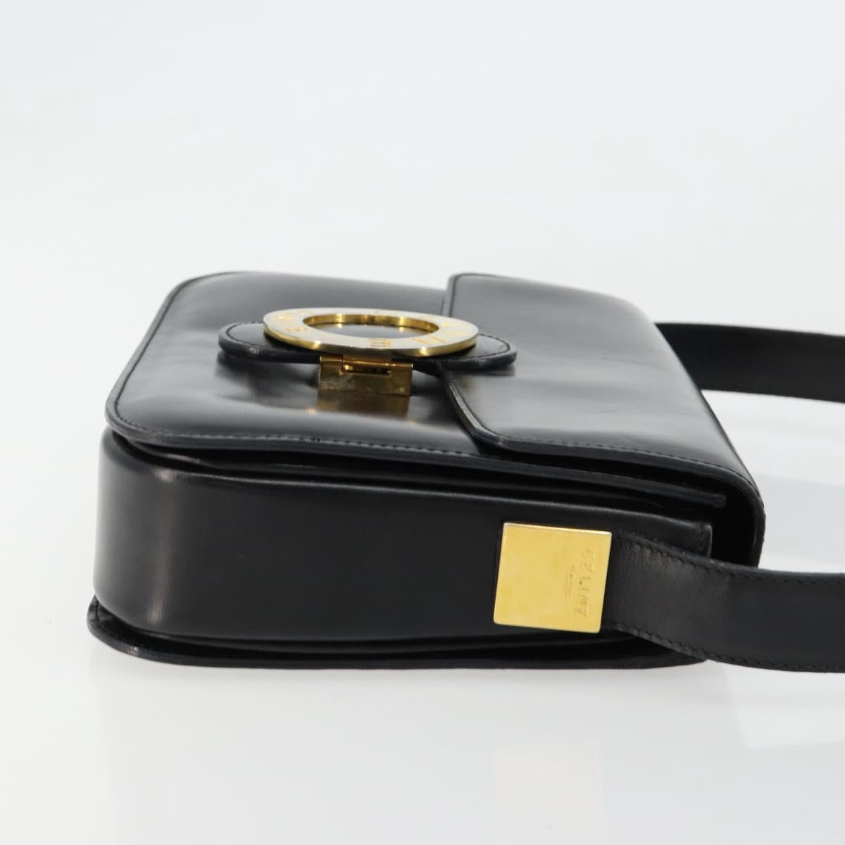 CELINE Circle Shoulder Bag Leather Black Gold Auth 184161A