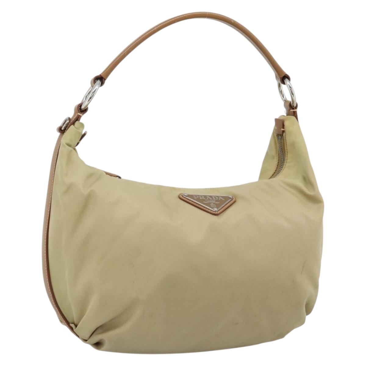 PRADA Shoulder Bag Nylon Beige Silver Auth 184182A