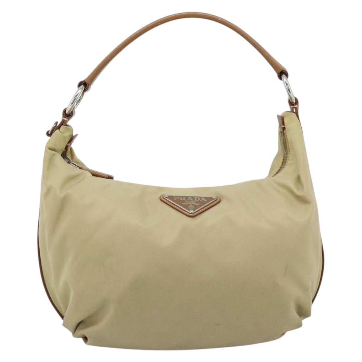 PRADA Shoulder Bag Nylon Beige Silver Auth 184182A