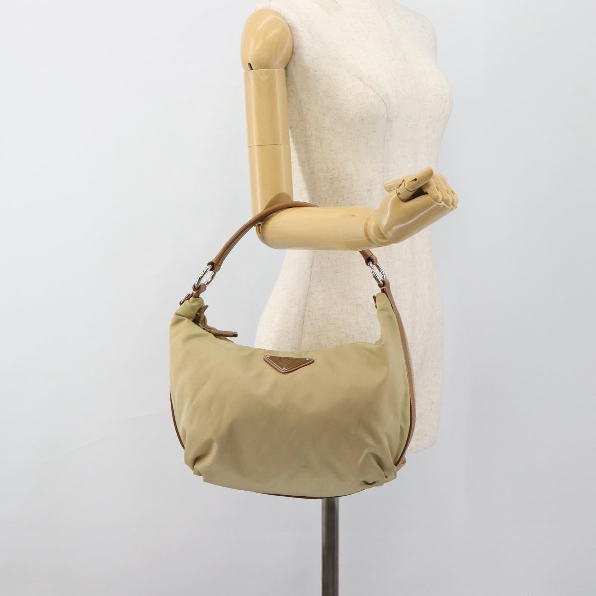 PRADA Shoulder Bag Nylon Beige Silver Auth 184182A