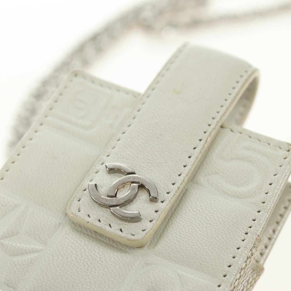 CHANEL icon Chain Shoulder Pouch Lamb Skin White Silver CC Auth 184233A