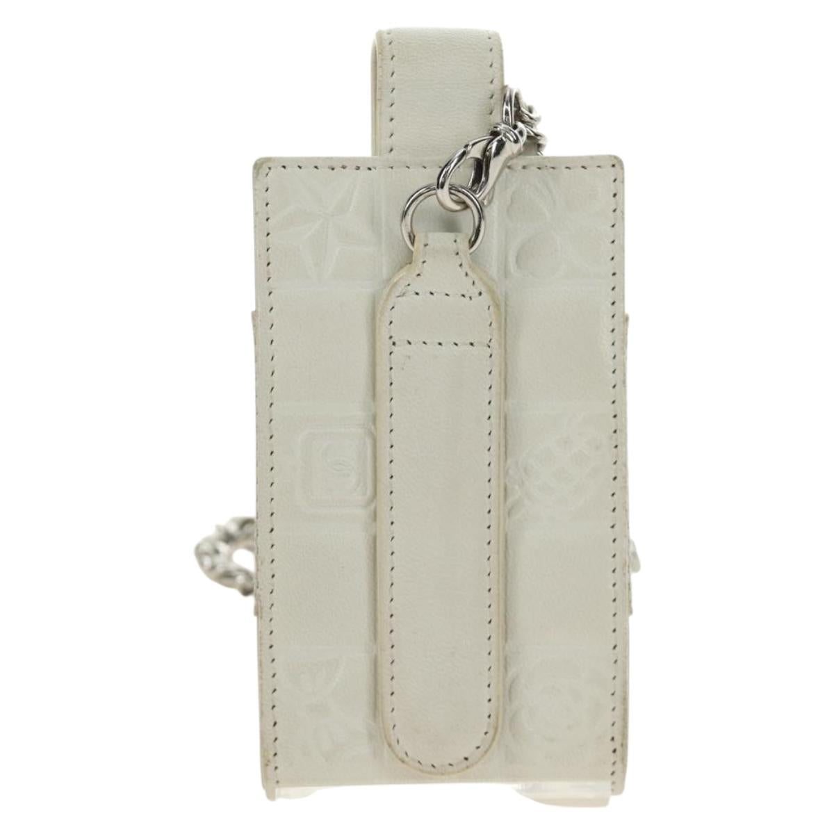 CHANEL icon Chain Shoulder Pouch Lamb Skin White Silver CC Auth 184233A
