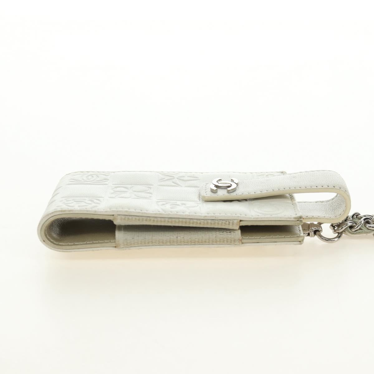 CHANEL icon Chain Shoulder Pouch Lamb Skin White Silver CC Auth 184233A