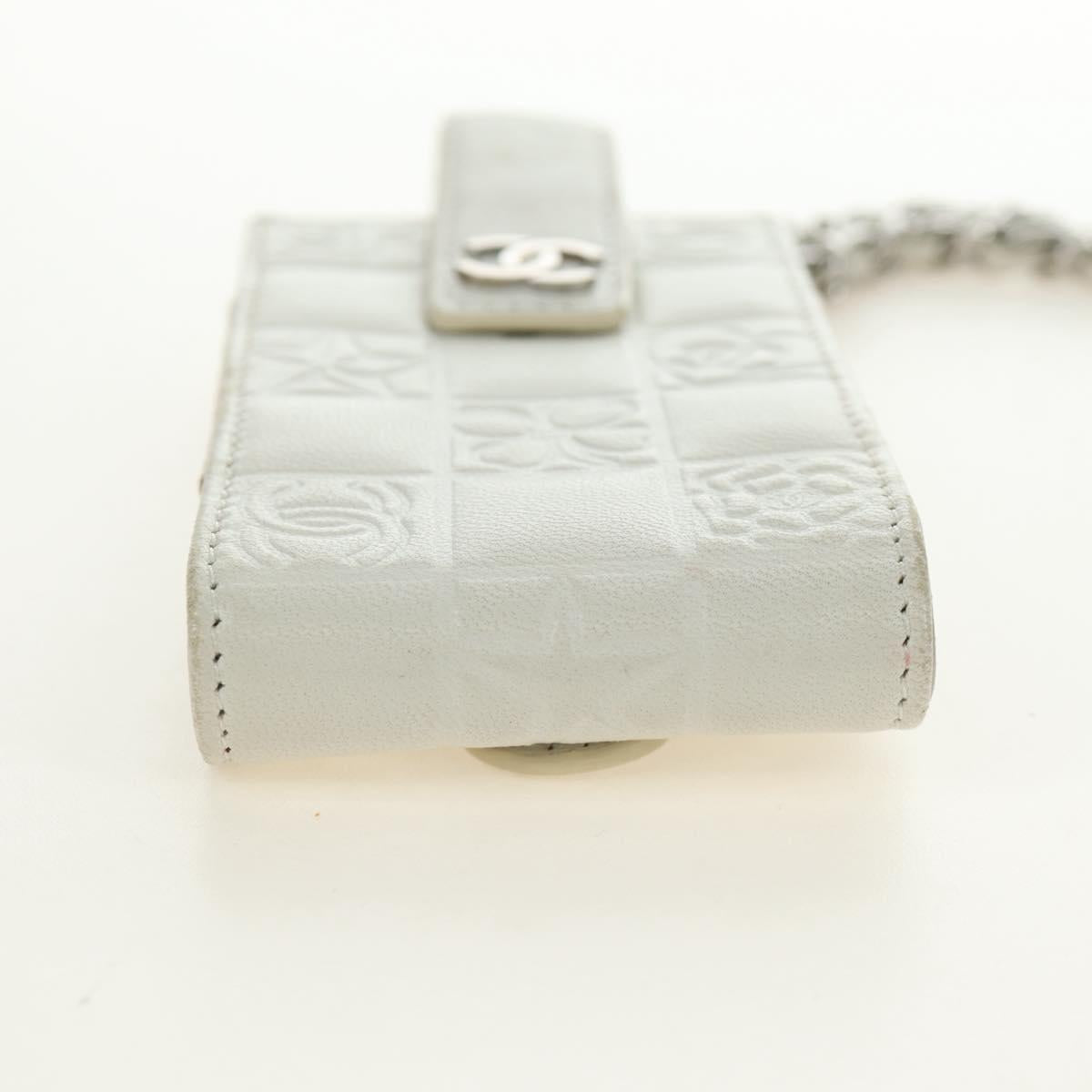 CHANEL icon Chain Shoulder Pouch Lamb Skin White Silver CC Auth 184233A