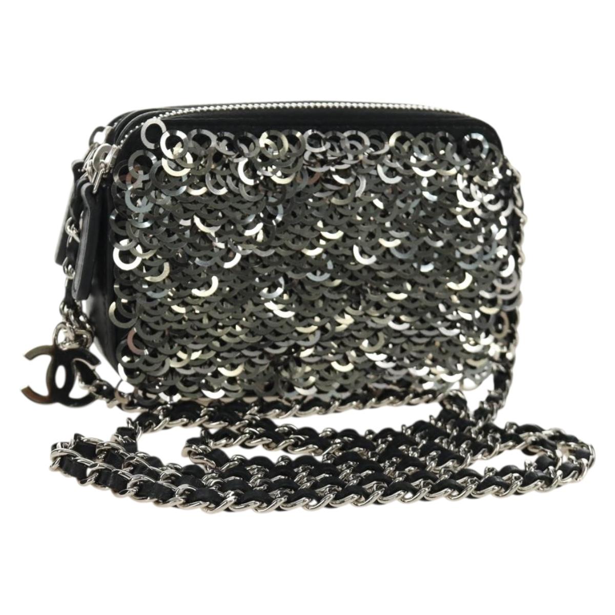 CHANEL Chain Shoulder Bag Sequin Black Silver CC Auth 184258SM