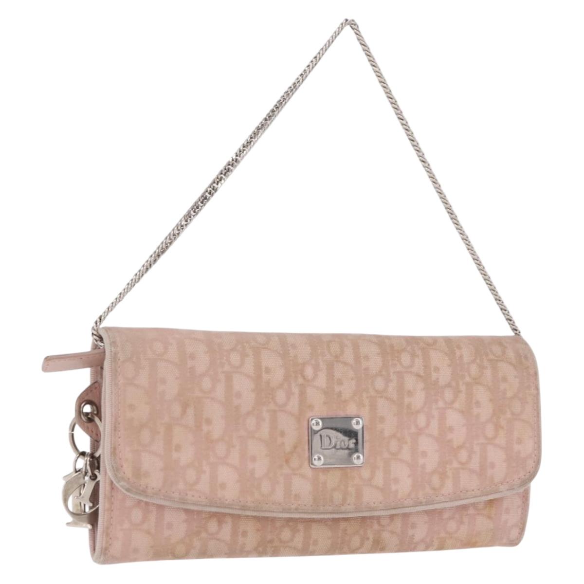 Christian Dior Chain Trotter Canvas Long Wallet Pink Silver Auth 184271