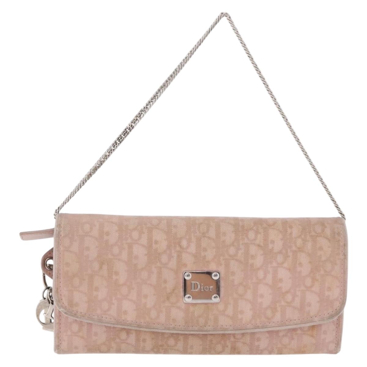 Christian Dior Chain Trotter Canvas Long Wallet Pink Silver Auth 184271