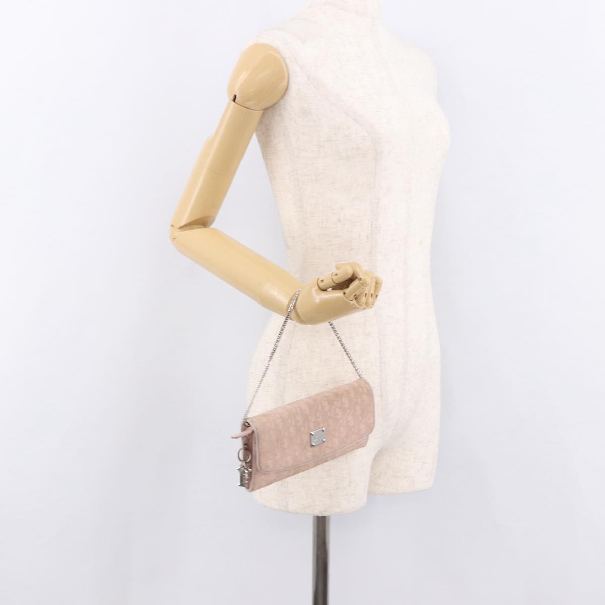 Christian Dior Chain Trotter Canvas Long Wallet Pink Silver Auth 184271