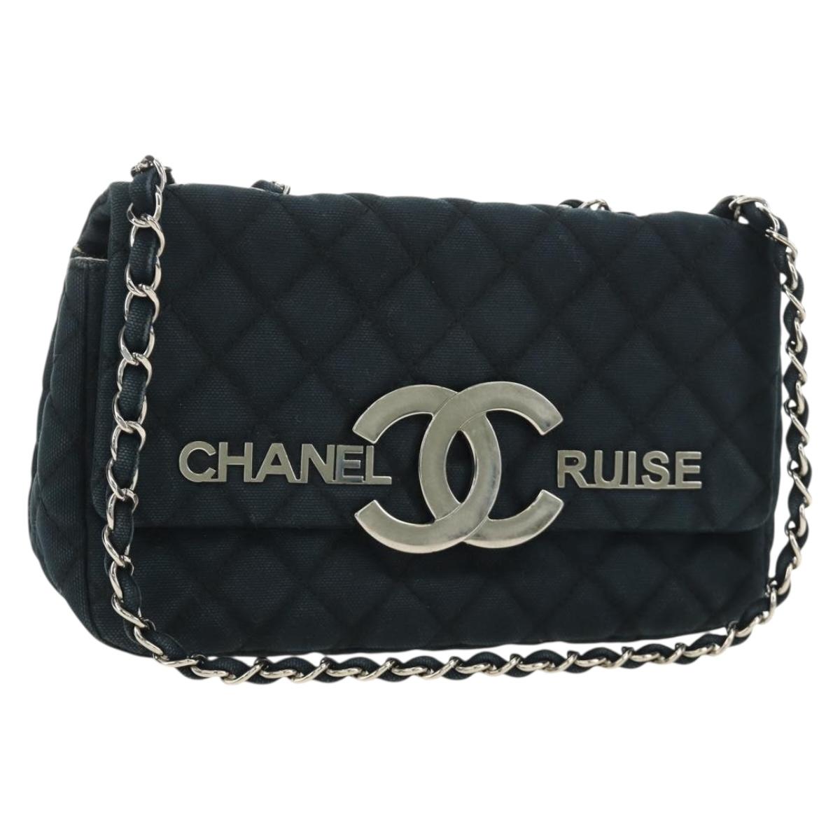 CHANEL Chain Cruise line Matelasse 23 Bag Canvas Navy Silver CC Auth 184283SAM