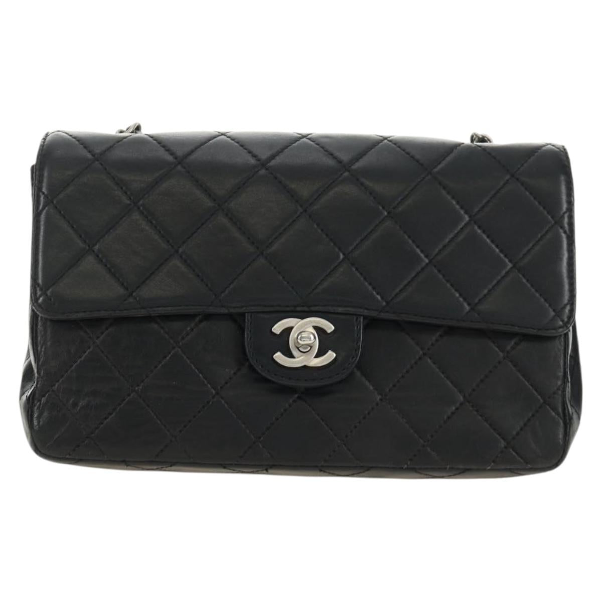 CHANEL Matelasse 25 Chain Shoulder Bag Lamb Skin Black Silver CC Auth 184284V