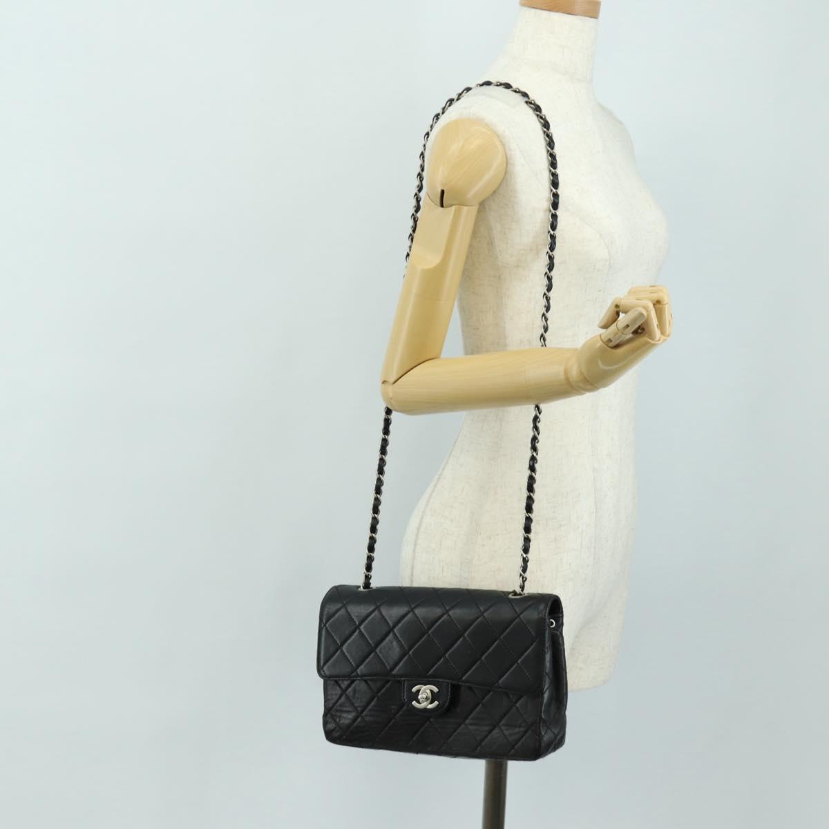 CHANEL Matelasse 25 Chain Shoulder Bag Lamb Skin Black Silver CC Auth 184284V