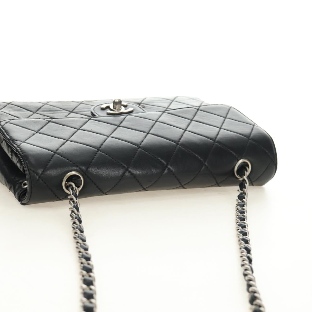 CHANEL Matelasse 25 Chain Shoulder Bag Lamb Skin Black Silver CC Auth 184284V