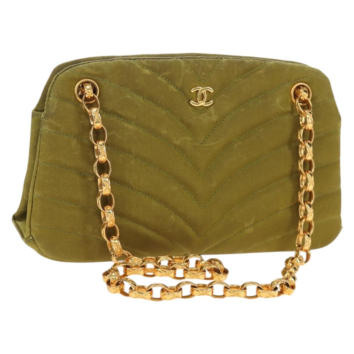 CHANEL Chain V Stitch Shoulder Bag Canvas Green Gold CC Auth 184285SM