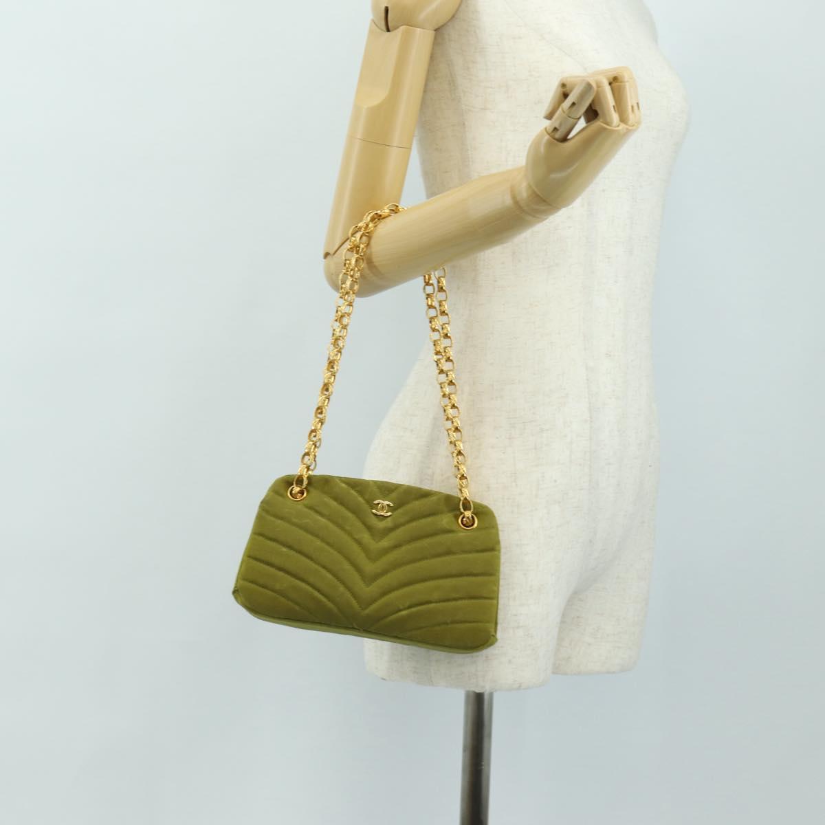 CHANEL Chain V Stitch Shoulder Bag Canvas Green Gold CC Auth 184285SM