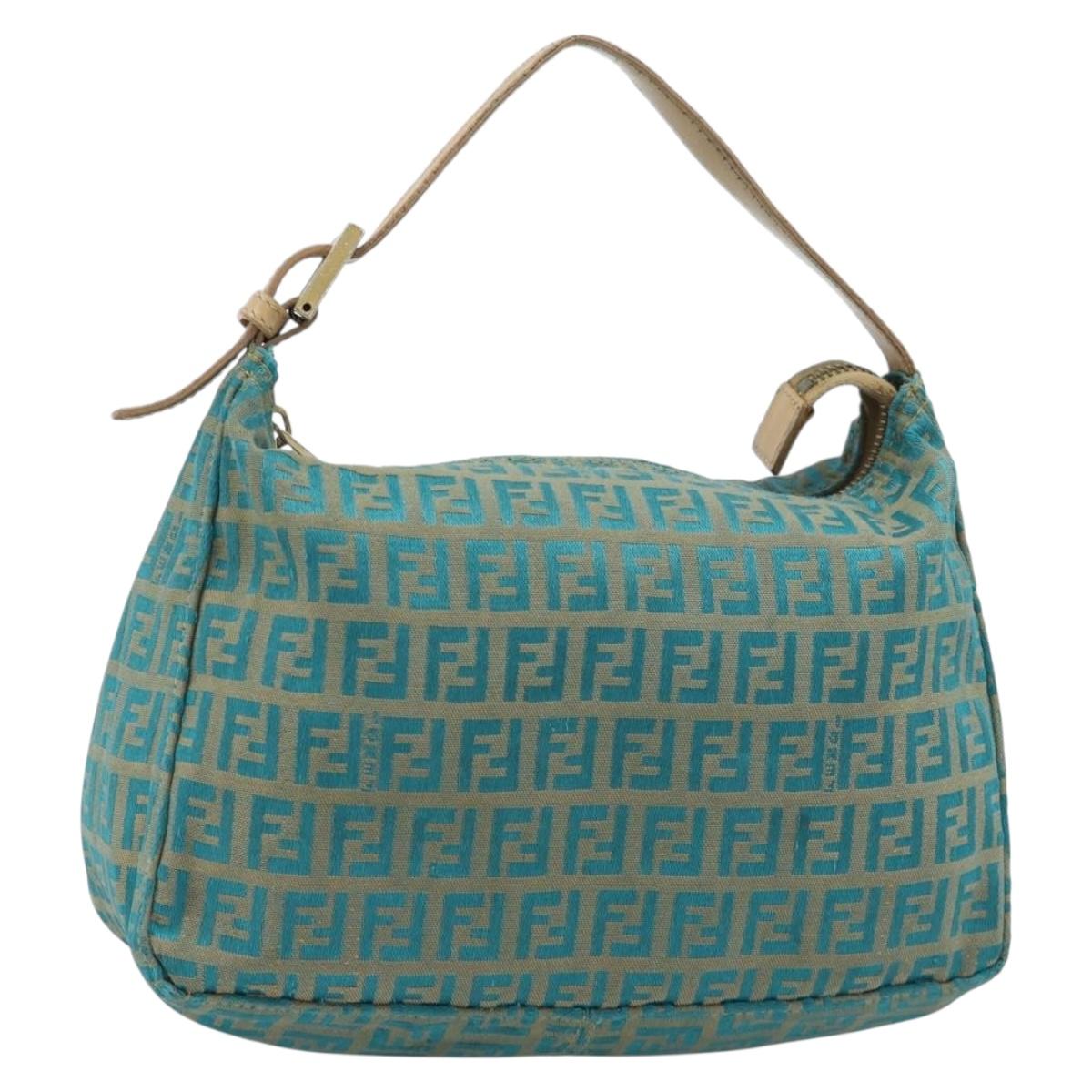 FENDI Zucchino Canvas Hand Bag Green Gold Auth 184296