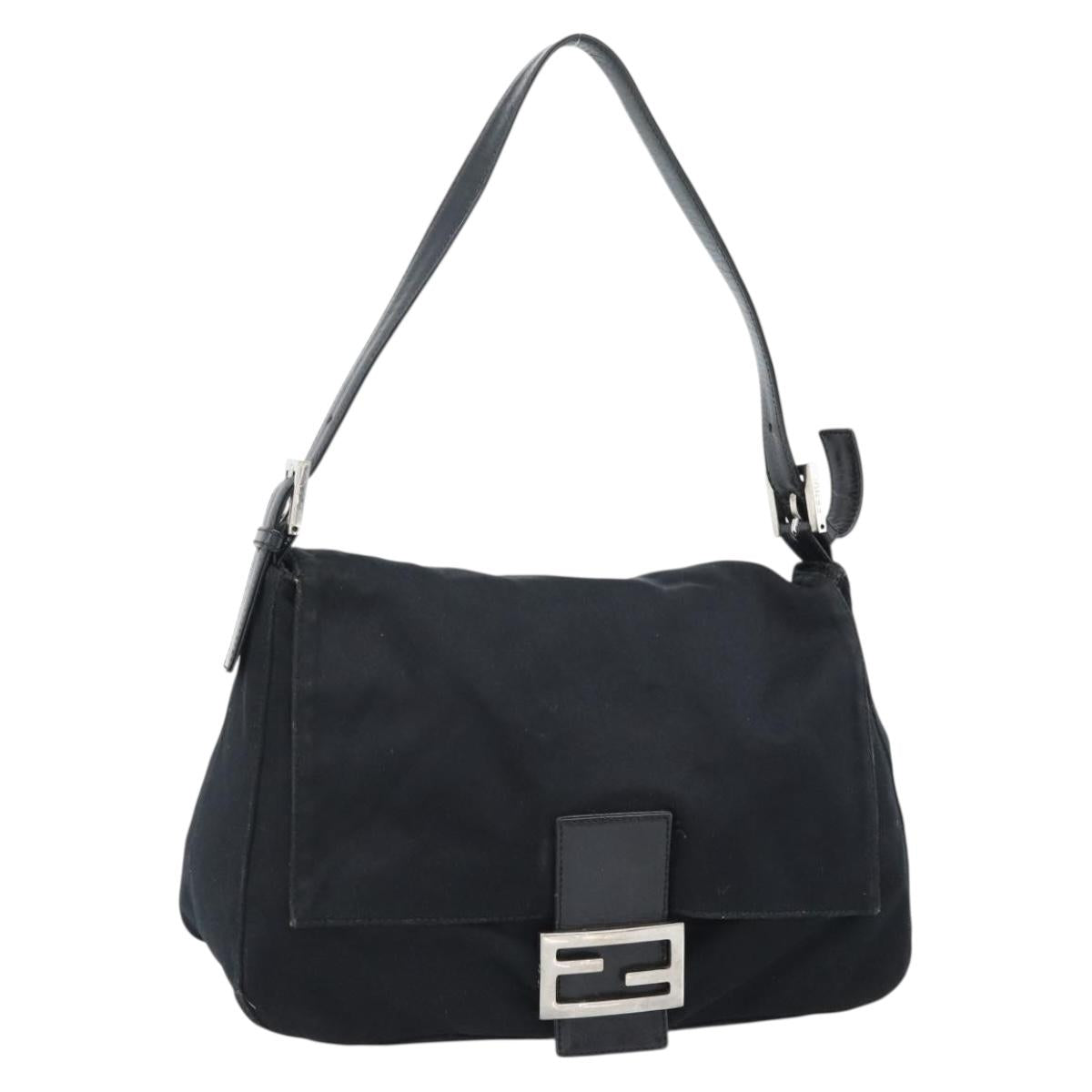 FENDI Mamma Baguette Shoulder Bag Cotton Jersey Black Silver Auth 184302