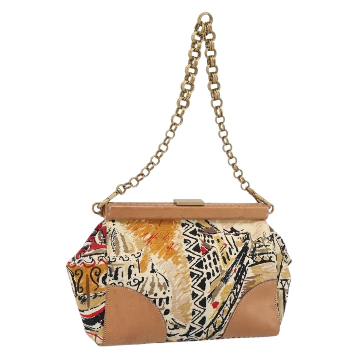 PRADA Chain Shoulder Bag Canvas Brown Gold Auth 184304A