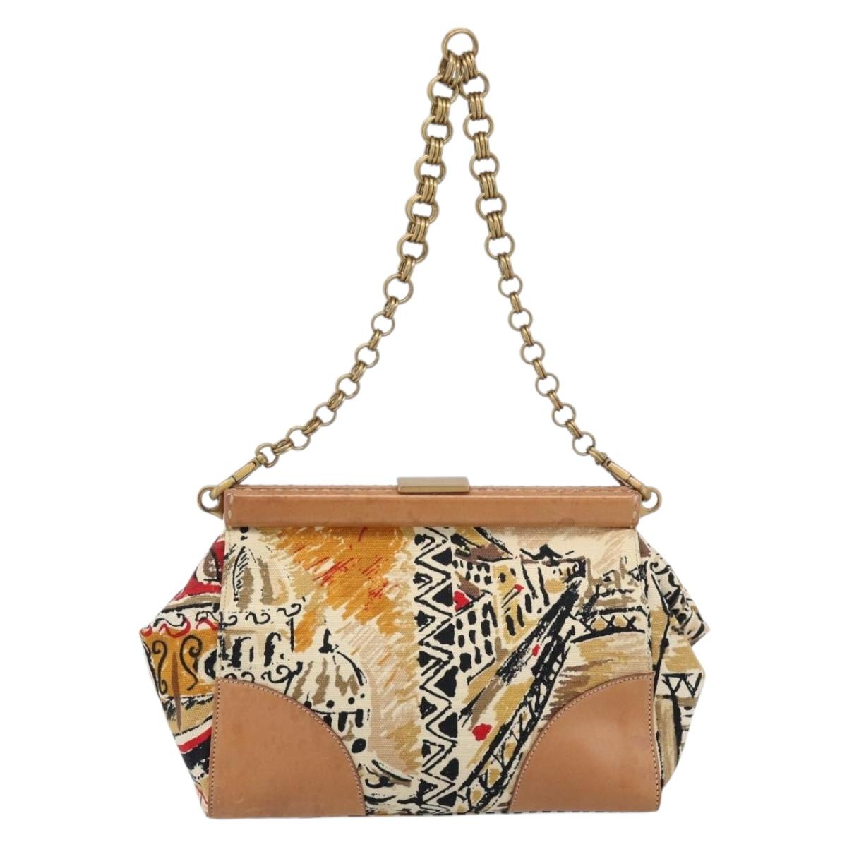PRADA Chain Shoulder Bag Canvas Brown Gold Auth 184304A