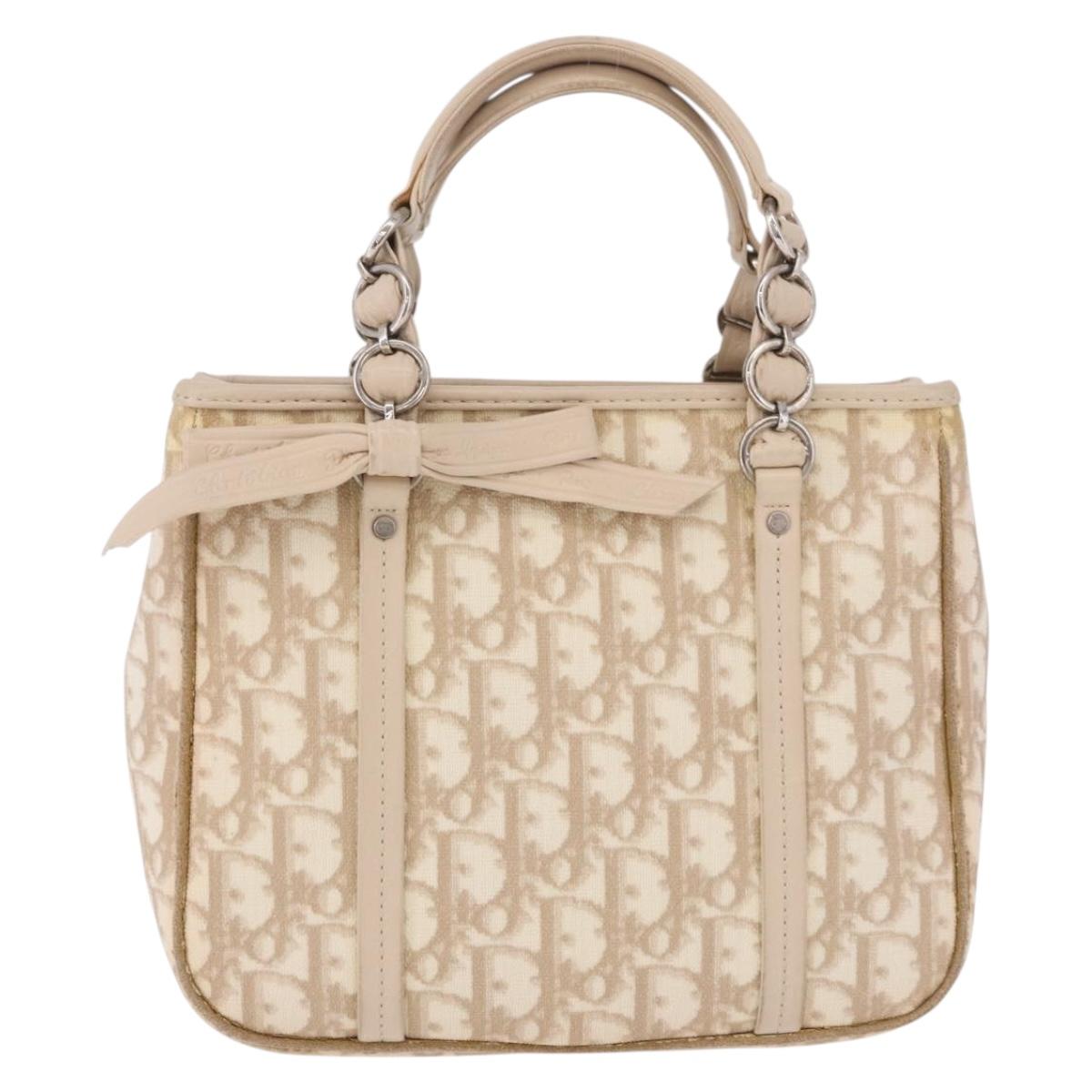 Christian Dior Trotter Canvas Romantic Hand Bag PVC Beige Silver Auth 184305A