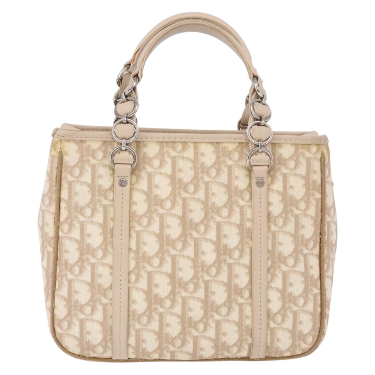 Christian Dior Trotter Canvas Romantic Hand Bag PVC Beige Silver Auth 184305A