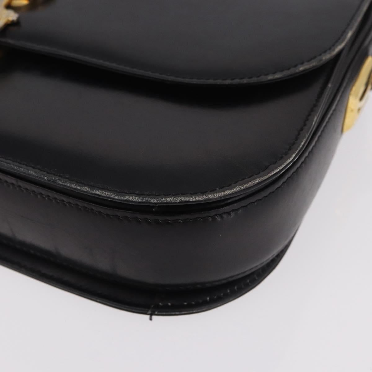 GUCCI Horsebit Shoulder Bag Leather Black Gold Auth 184318
