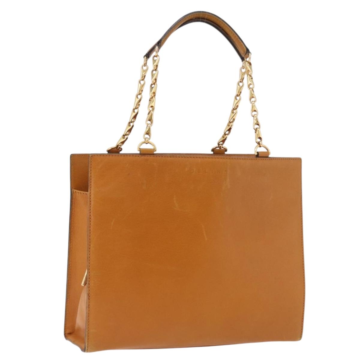 CELINE Chain Hand Bag Leather Beige Gold Auth 184329A