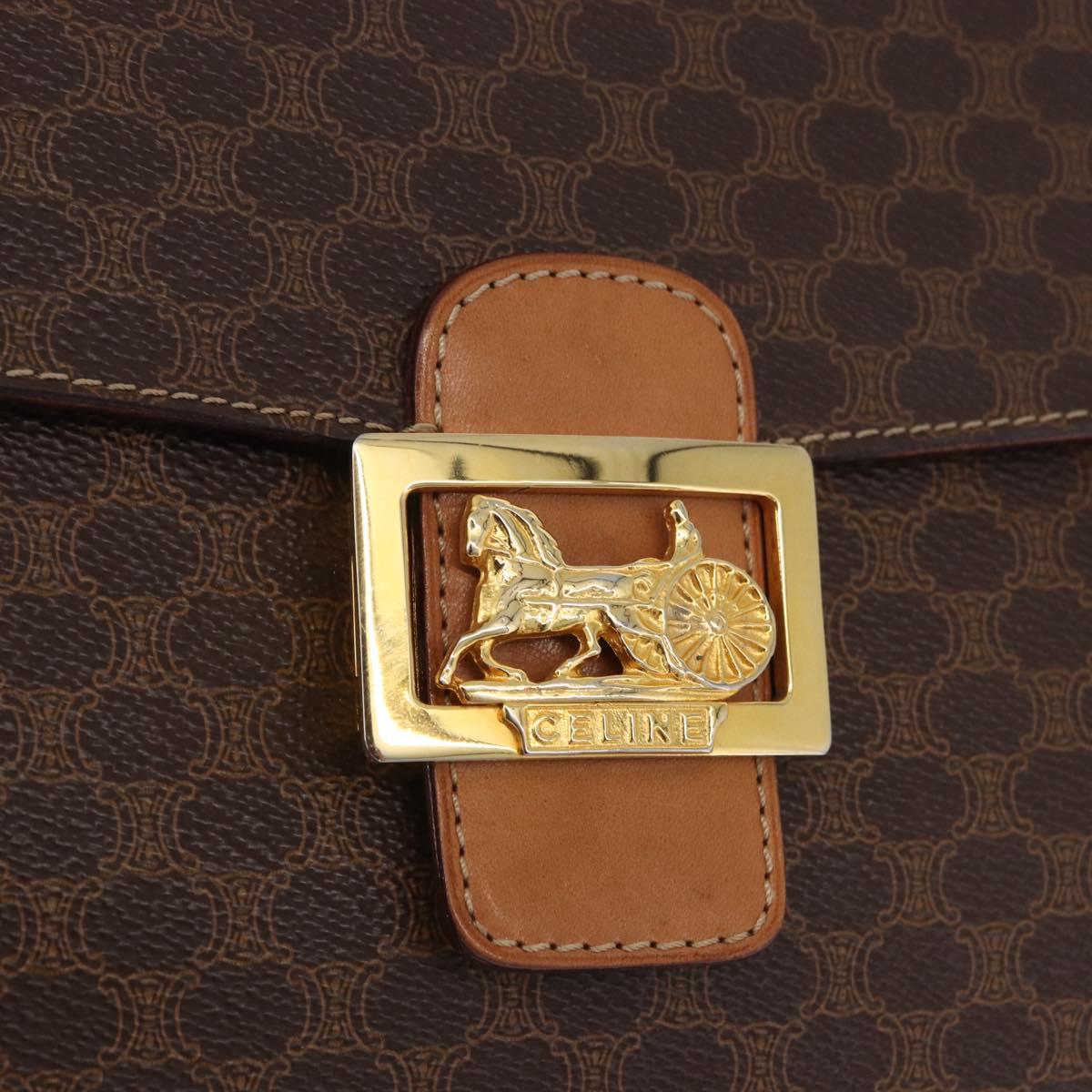 CELINE Macadam Canvas Horse Carriage Bag PVC Leather Brown Gold Auth 184354A