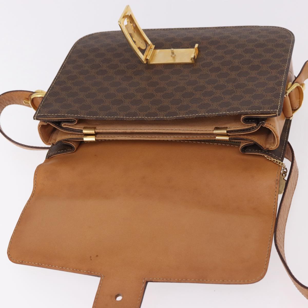 CELINE Macadam Canvas Horse Carriage Bag PVC Leather Brown Gold Auth 184354A