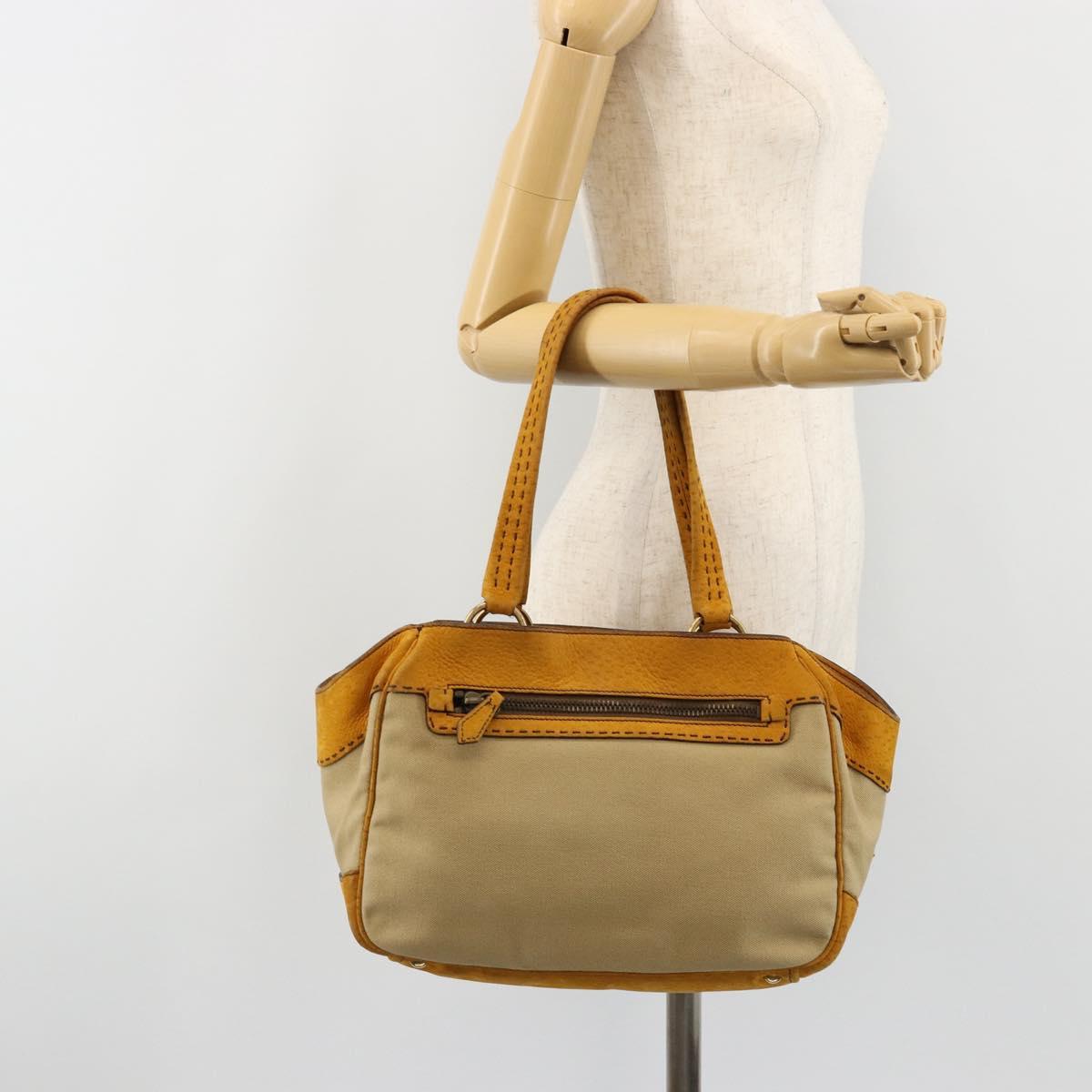 PRADA Hand Bag Canvas Beige Gold Auth 184366