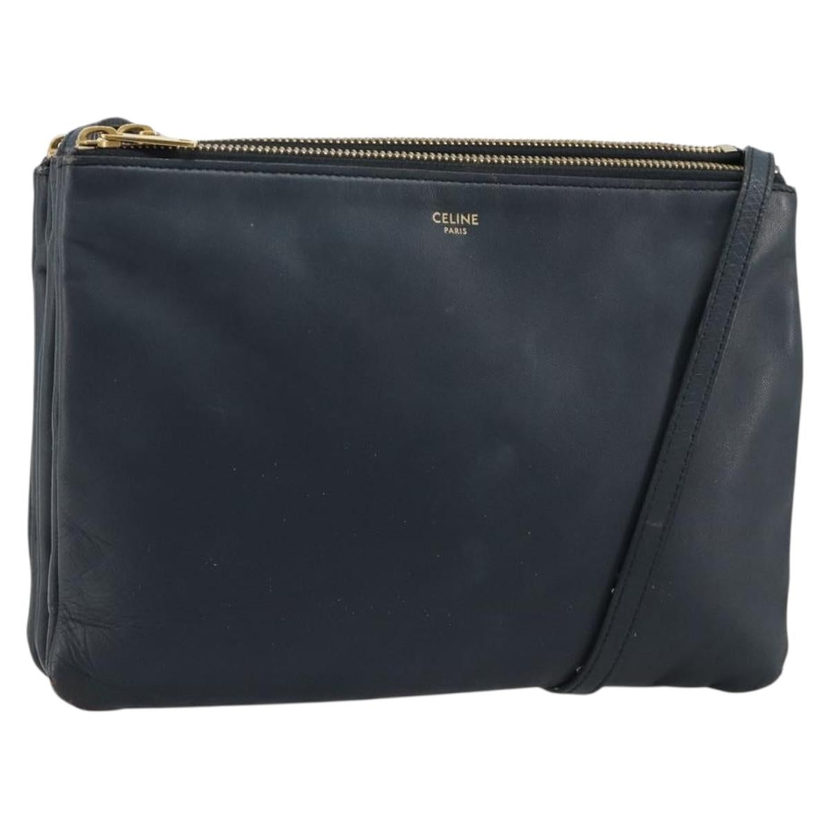 CELINE Trio Shoulder Bag Leather Navy Gold Auth 184367