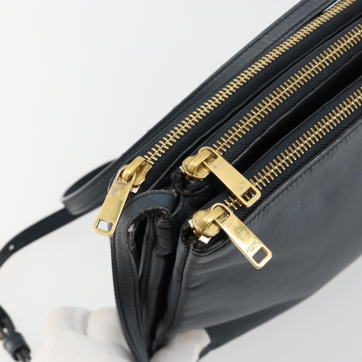 CELINE Trio Shoulder Bag Leather Navy Gold Auth 184367