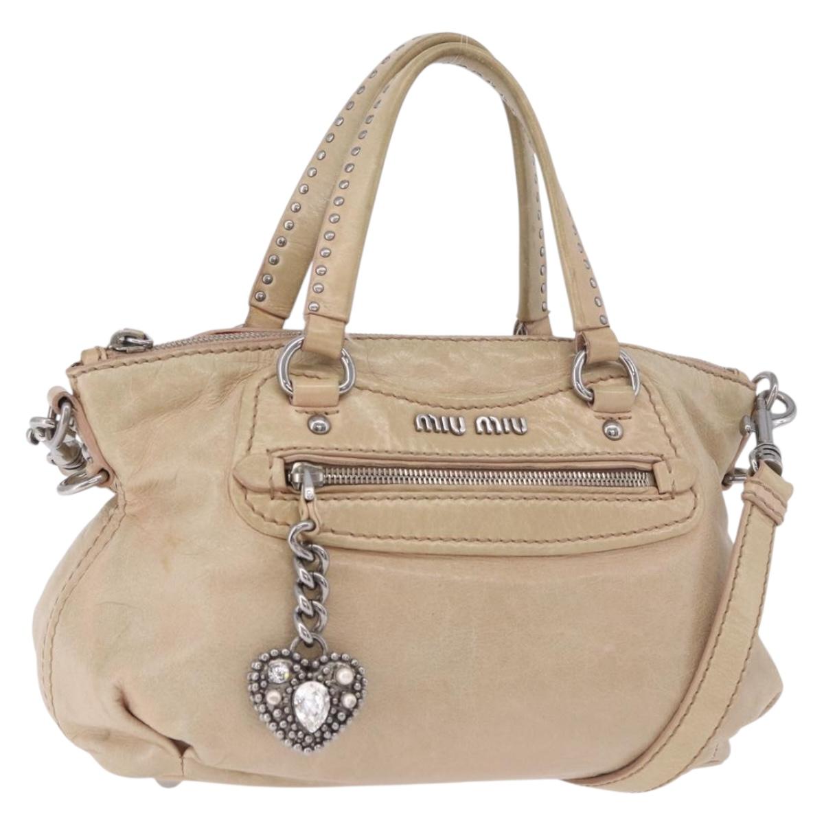 Miu Miu Hand Bag Leather 2way Beige Silver Auth 184373