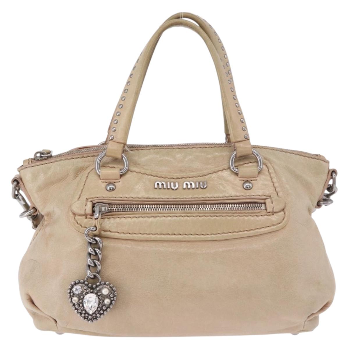 Miu Miu Hand Bag Leather 2way Beige Silver Auth 184373