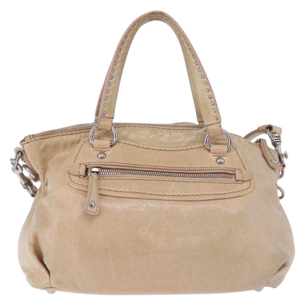 Miu Miu Hand Bag Leather 2way Beige Silver Auth 184373