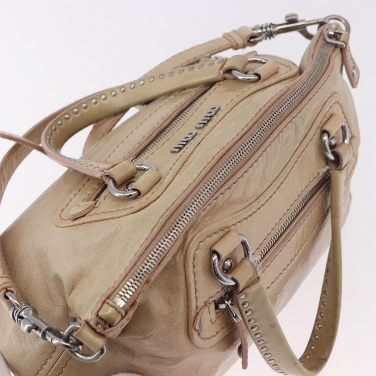 Miu Miu Hand Bag Leather 2way Beige Silver Auth 184373
