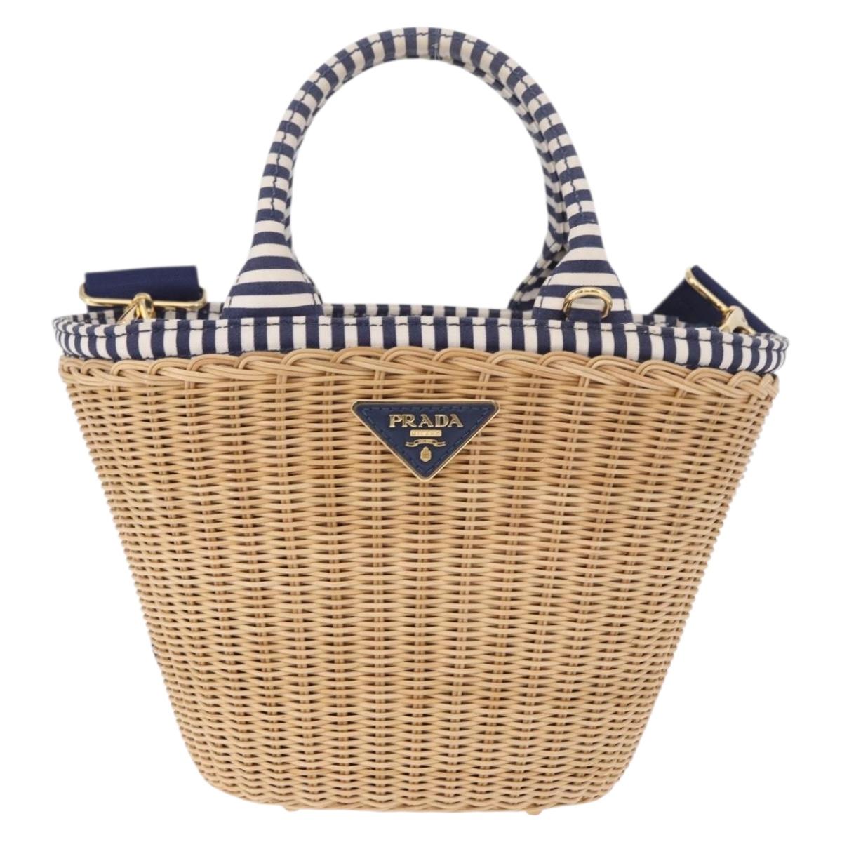 PRADA Hand Bag Rattan Beige Gold Auth 184379SAM
