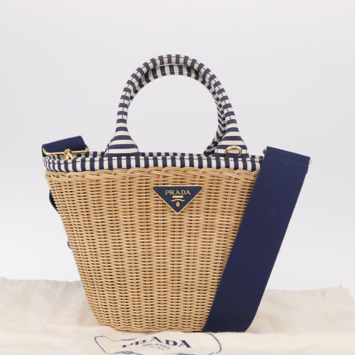 PRADA Hand Bag Rattan Beige Gold Auth 184379SAM